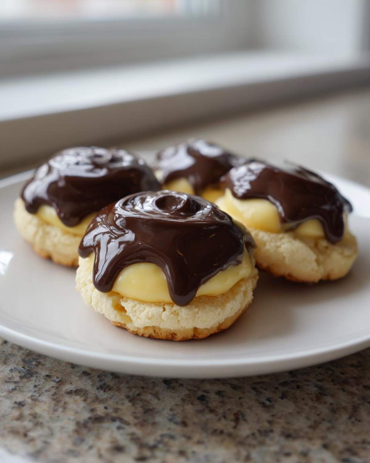 Four delicious Boston Cream Pie Cookie Bites stacked with vanilla filling and topped with rich chocolate ganache.