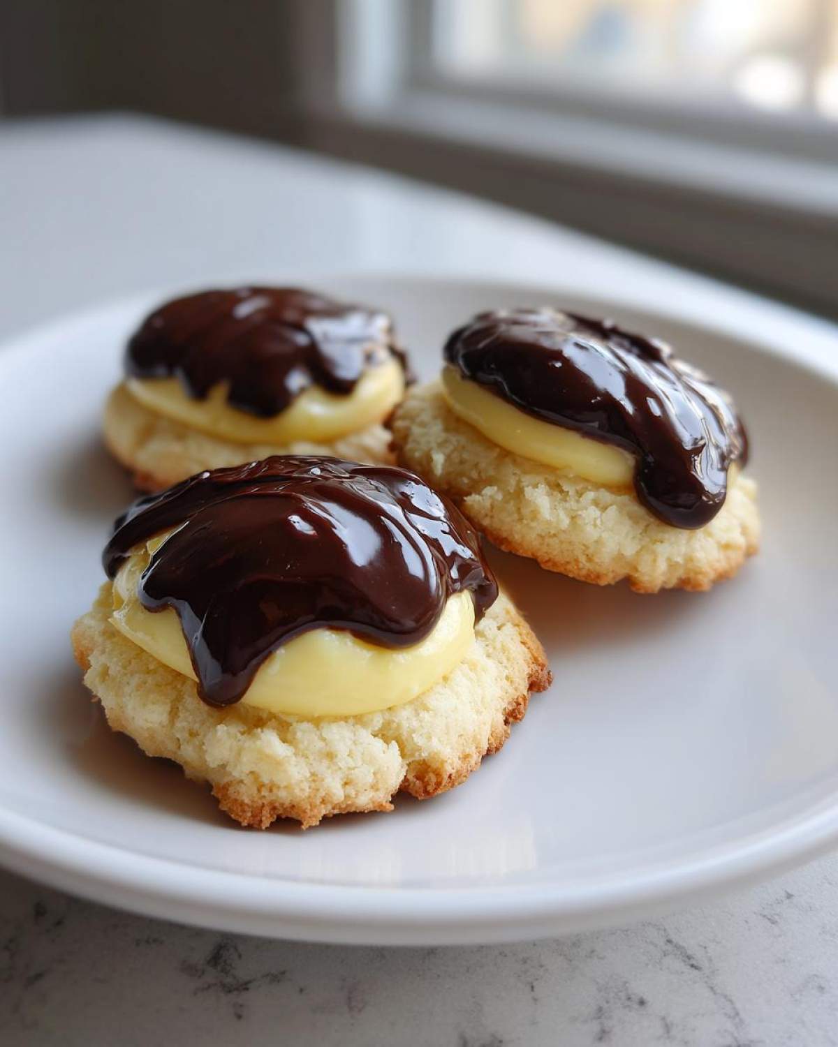 Three delicious Boston Cream Pie Cookie Bites featuring a cookie base, vanilla cream filling, and rich chocolate ganache topping.