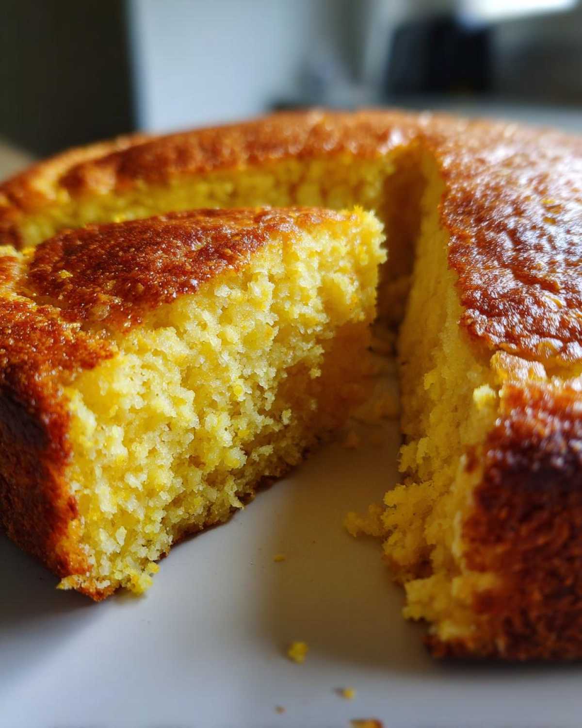 Close-up of a thick, golden slice cut from a Cast Iron Skillet Cornbread, showing a moist crumb and crispy crust.