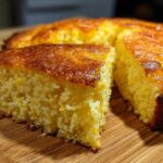 Close-up of a slice of moist, yellow Cast Iron Skillet Cornbread with a dark, caramelized crust.