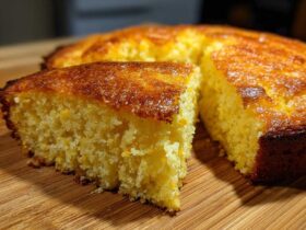 Close-up of a slice of moist, yellow Cast Iron Skillet Cornbread with a dark, caramelized crust.
