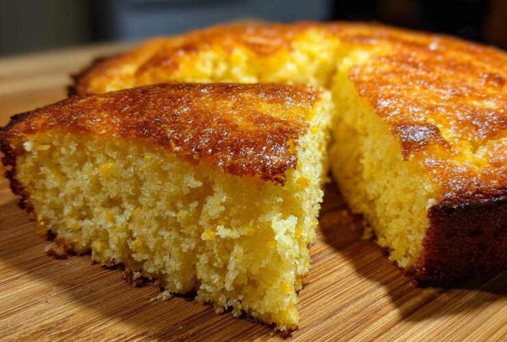 Close-up of a slice of moist, yellow Cast Iron Skillet Cornbread with a dark, caramelized crust.