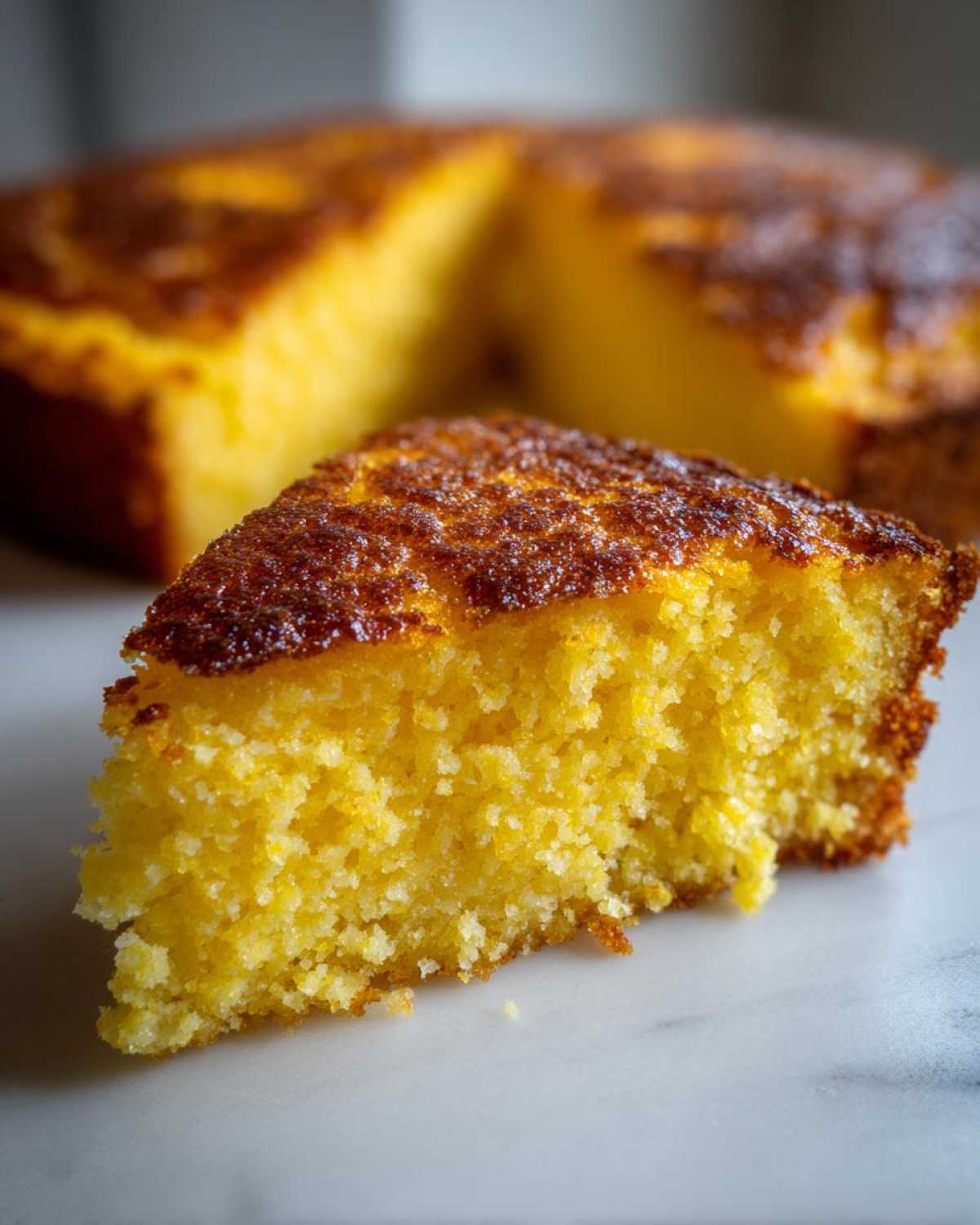 Close-up of a moist slice of yellow Cast Iron Skillet Cornbread showing its crumb texture and dark, caramelized crust.