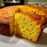A close-up view showing the moist, golden crumb texture of a slice of Cast Iron Skillet Cornbread.