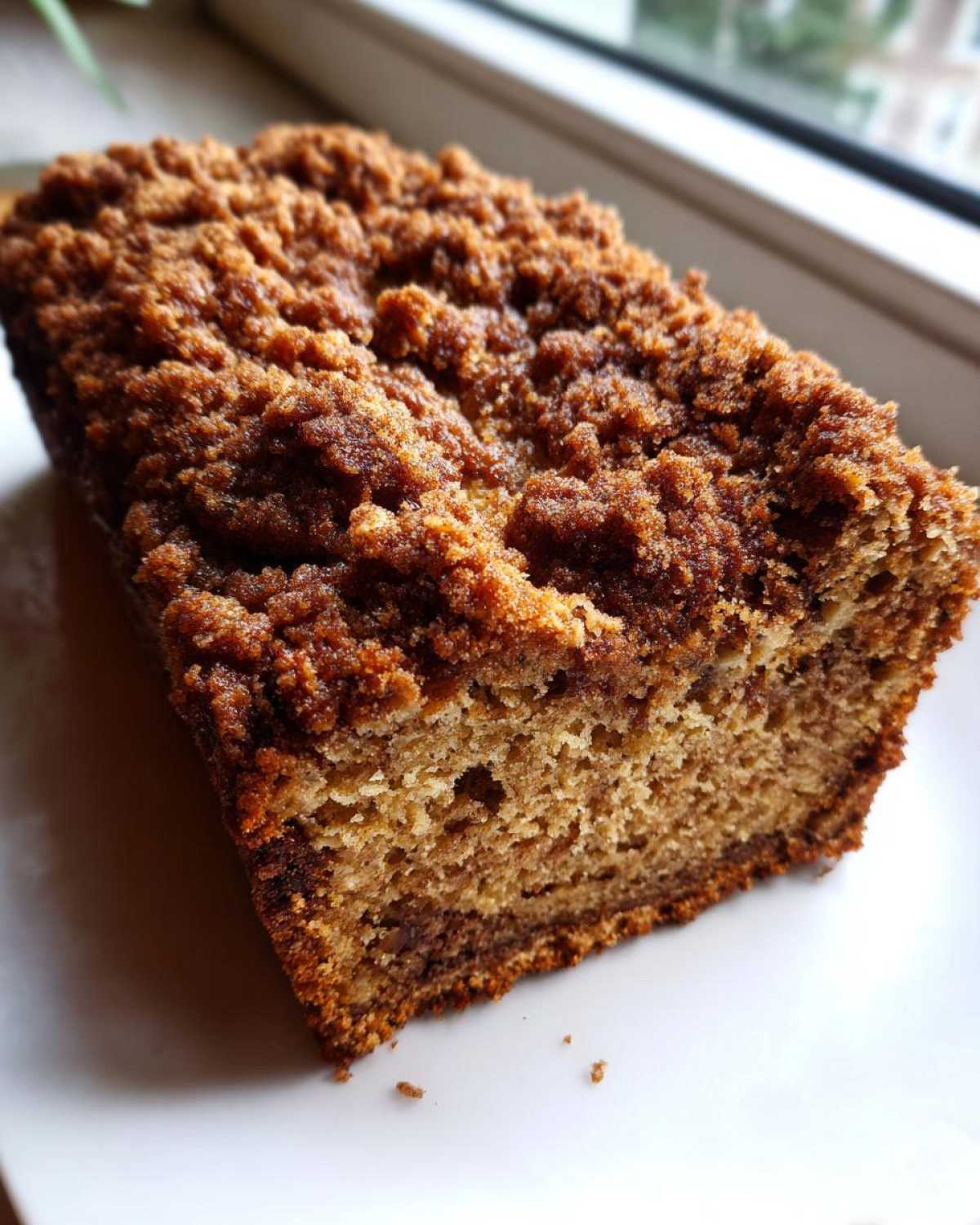 A close-up view of a freshly baked Cinnamon Crumb Banana Bread Loaf with a thick, textured brown sugar topping.
