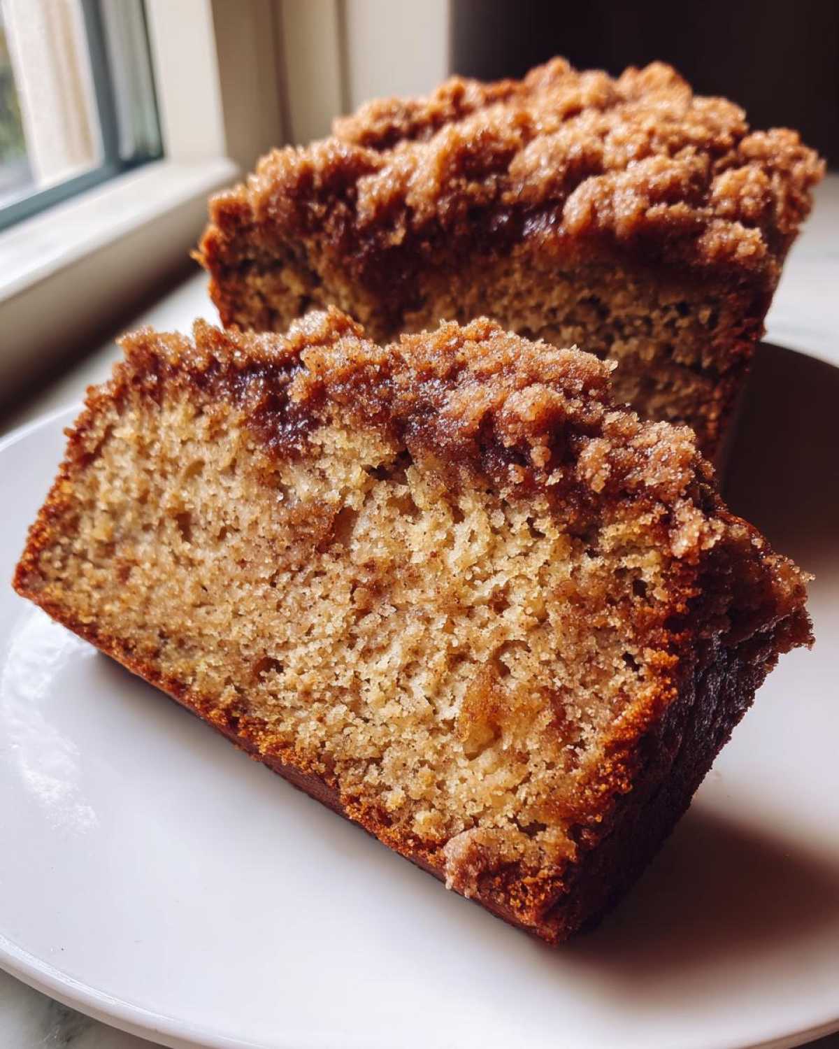 Close-up of two slices of moist Cinnamon Crumb Banana Bread Loaf on a white plate, showing the thick, sugary topping.