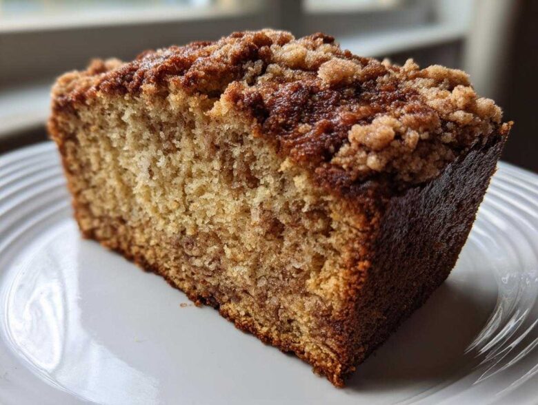 Close-up of a moist slice of Cinnamon Crumb Banana Bread Loaf with a thick, crunchy cinnamon streusel topping.