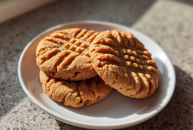 Three golden brown Peanut Butter Cookies stacked slightly on a white plate, showing classic crosshatch fork marks.