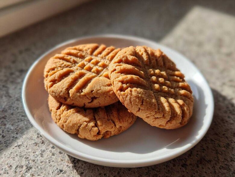 Three golden brown Peanut Butter Cookies stacked slightly on a white plate, showing classic crosshatch fork marks.
