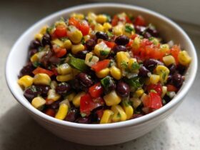 Close-up of vibrant Cowboy Caviar Dip featuring black beans, corn, diced tomatoes, and cilantro in a white bowl.