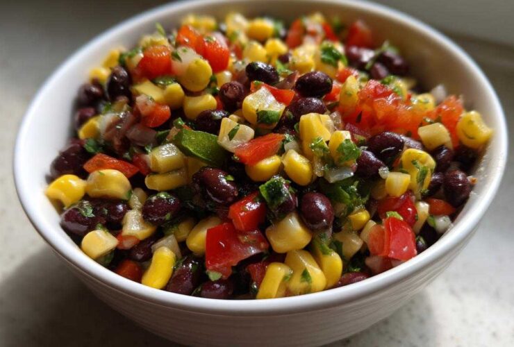 Close-up of vibrant Cowboy Caviar Dip featuring black beans, corn, diced tomatoes, and cilantro in a white bowl.