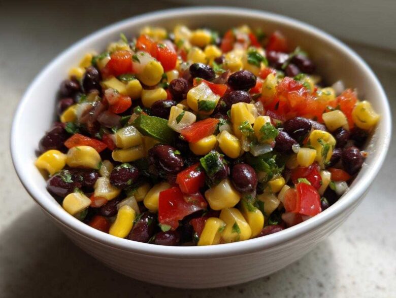Close-up of vibrant Cowboy Caviar Dip featuring black beans, corn, diced tomatoes, and cilantro in a white bowl.