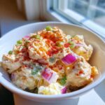 Close-up of creamy Picnic Potato Salad topped with red paprika and chopped red onion.