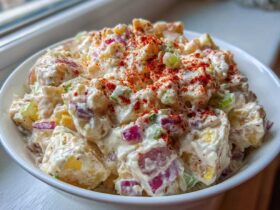 Close-up of creamy Picnic Potato Salad mixed with red onion and celery, topped with paprika.