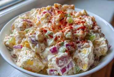 Close-up of creamy Picnic Potato Salad mixed with red onion and celery, topped with paprika.