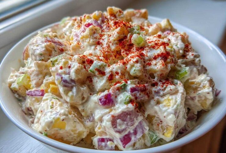 Close-up of creamy Picnic Potato Salad mixed with red onion and celery, topped with paprika.