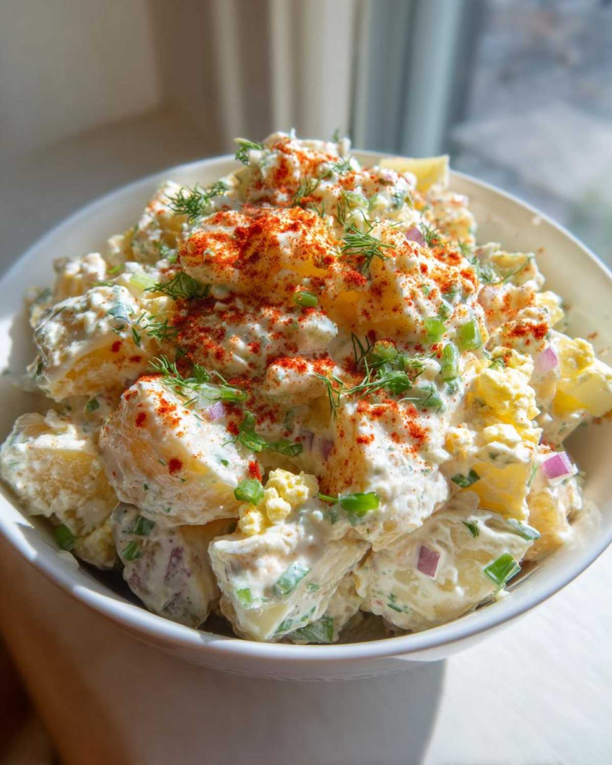 Close-up of creamy Picnic Potato Salad in a white bowl, topped with paprika, dill, and green onions.