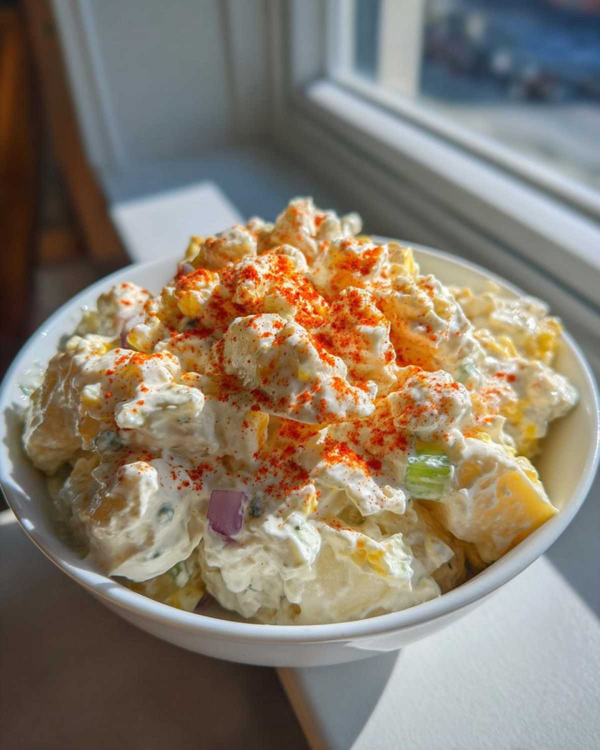 A close-up of creamy Picnic Potato Salad in a white bowl, topped generously with bright red paprika.