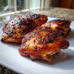 Four perfectly cooked Oven-Baked Chicken Thighs with crispy, dark brown, glazed skin served on a white plate.