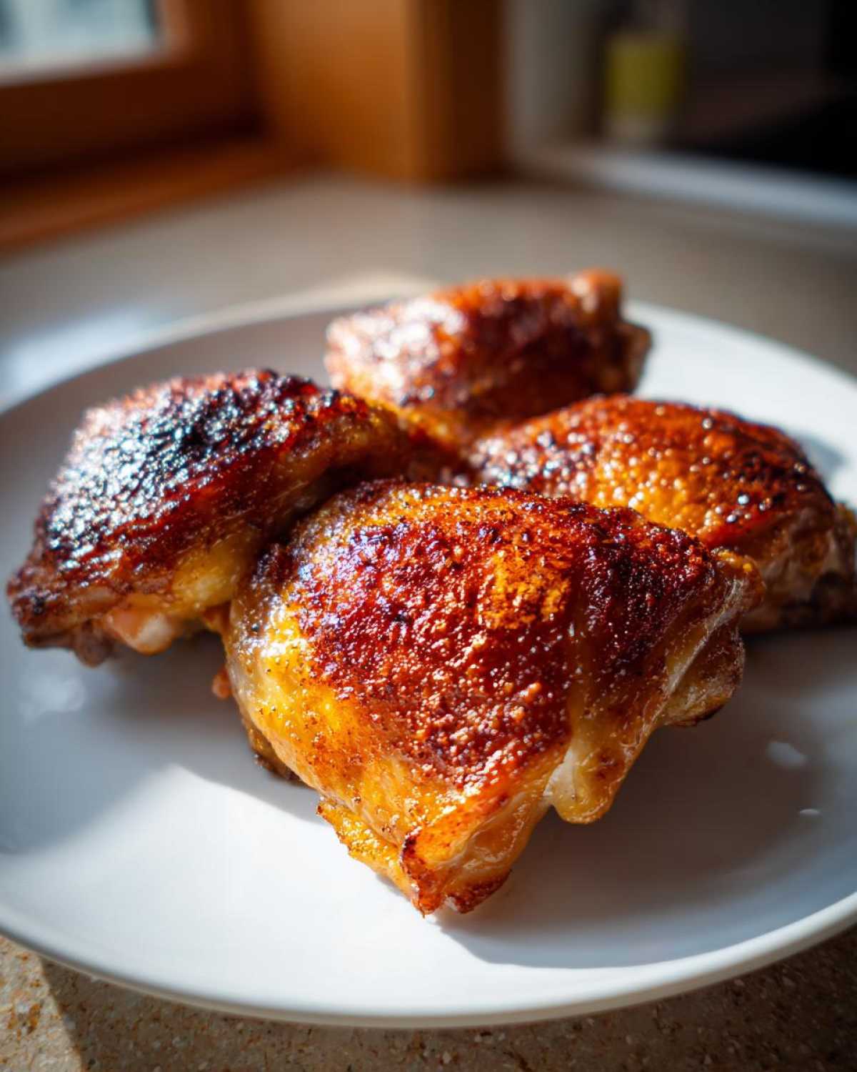 Four golden brown, crispy Oven-Baked Chicken Thighs resting on a white plate under bright light.