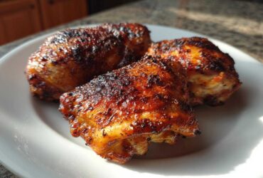Three crispy, well-seasoned Oven-Baked Chicken Thighs resting on a white plate under bright light.