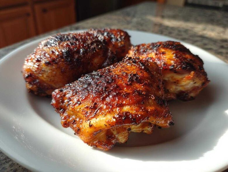 Three crispy, well-seasoned Oven-Baked Chicken Thighs resting on a white plate under bright light.