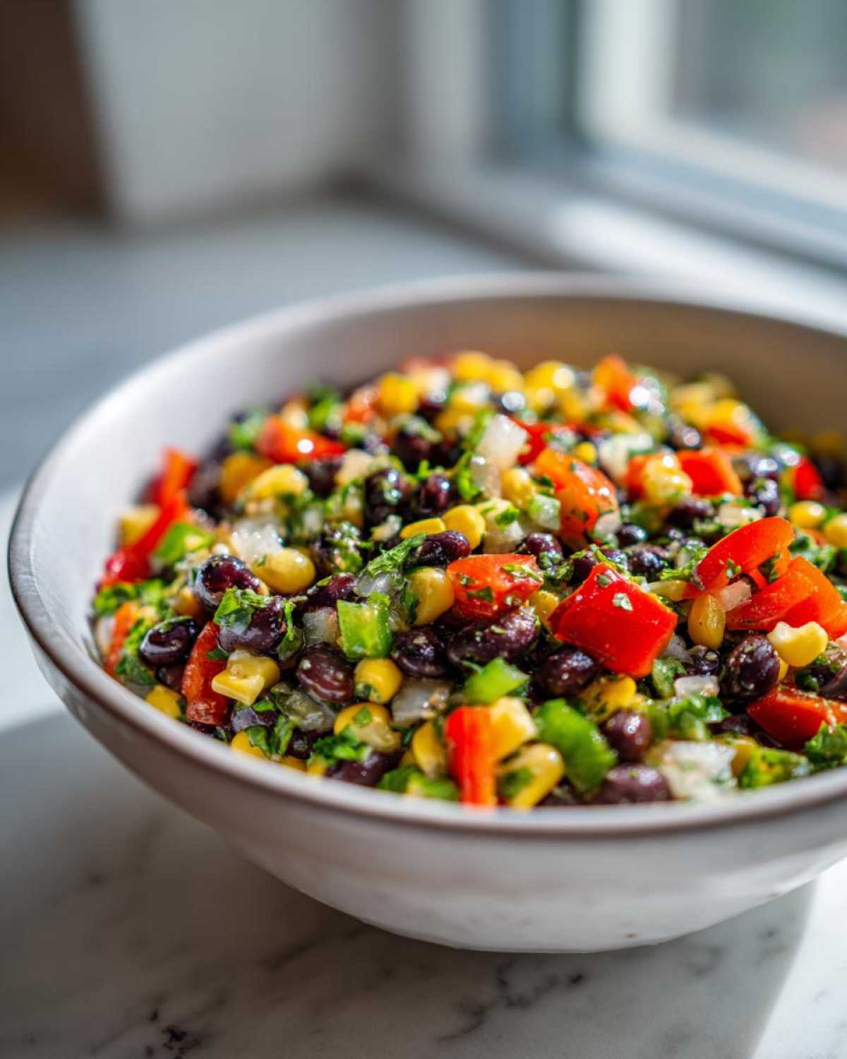 Close-up of vibrant Cowboy Caviar Dip featuring black beans, corn, red peppers, and herbs in a light bowl.