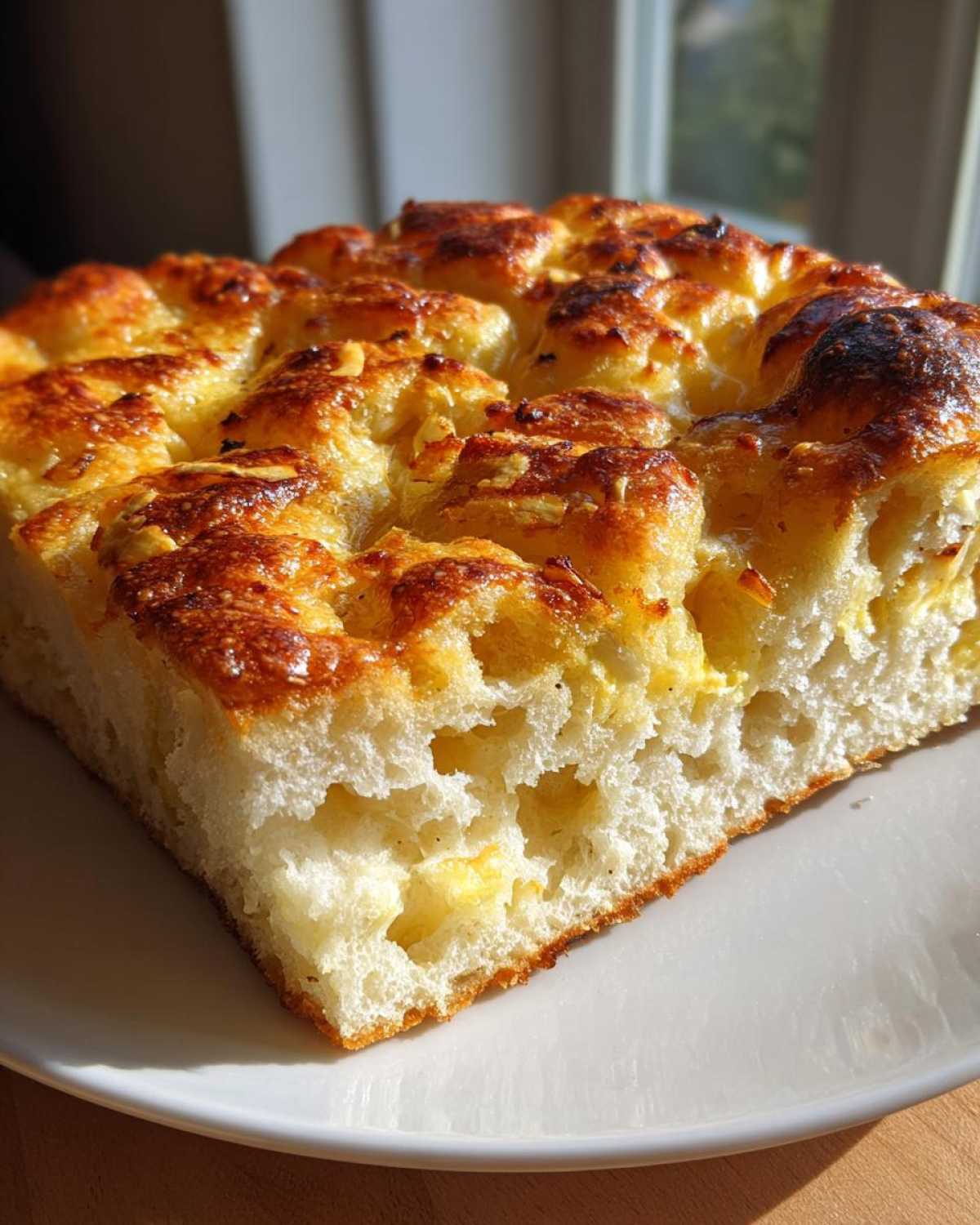 A close-up of a thick, airy slice of Garlic Parmesan Focaccia Bread with a golden-brown, cheesy top crust.