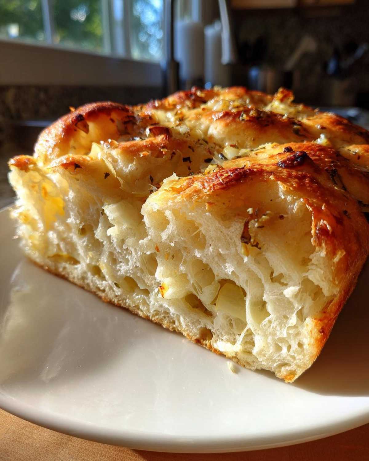 Close-up of a thick slice of Garlic Parmesan Focaccia Bread showing its airy, open crumb structure and golden, herbed top.