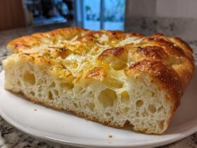 Close-up of a thick slice showing the airy interior and cheesy topping of the Garlic Parmesan Focaccia Bread.