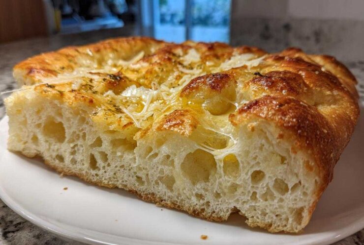 Close-up of a thick slice showing the airy interior and cheesy topping of the Garlic Parmesan Focaccia Bread.