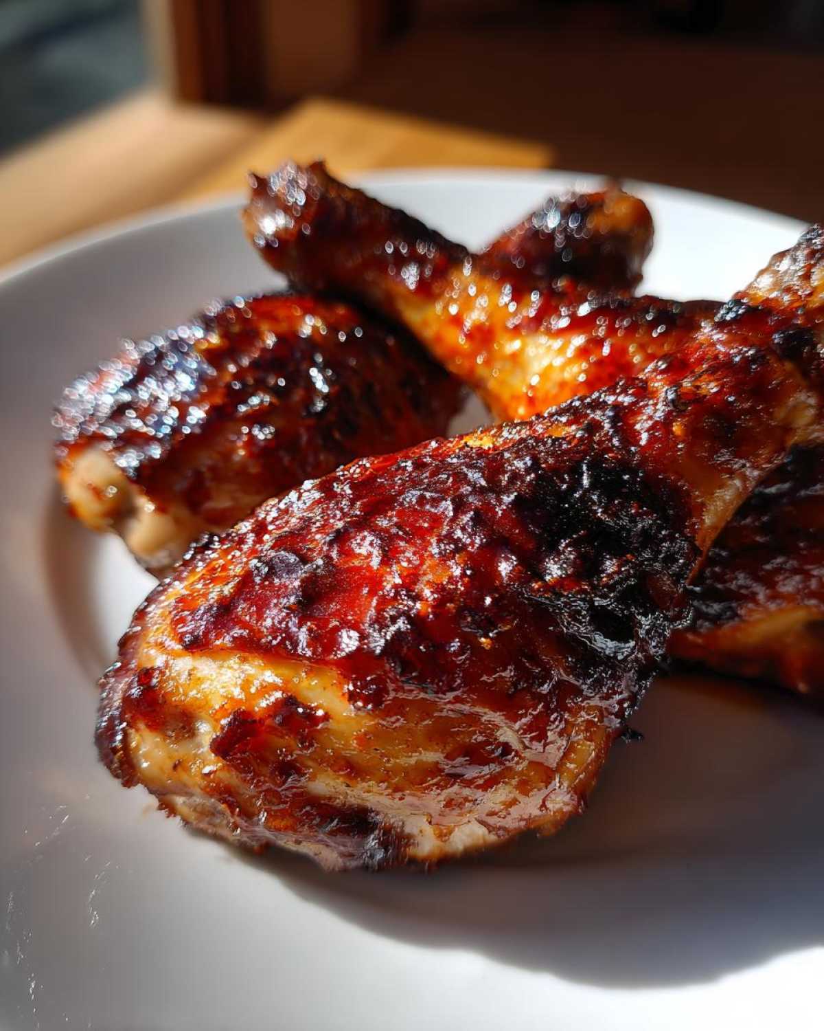 Close-up of four perfectly glazed and crispy Baked Chicken Legs served on a white plate.