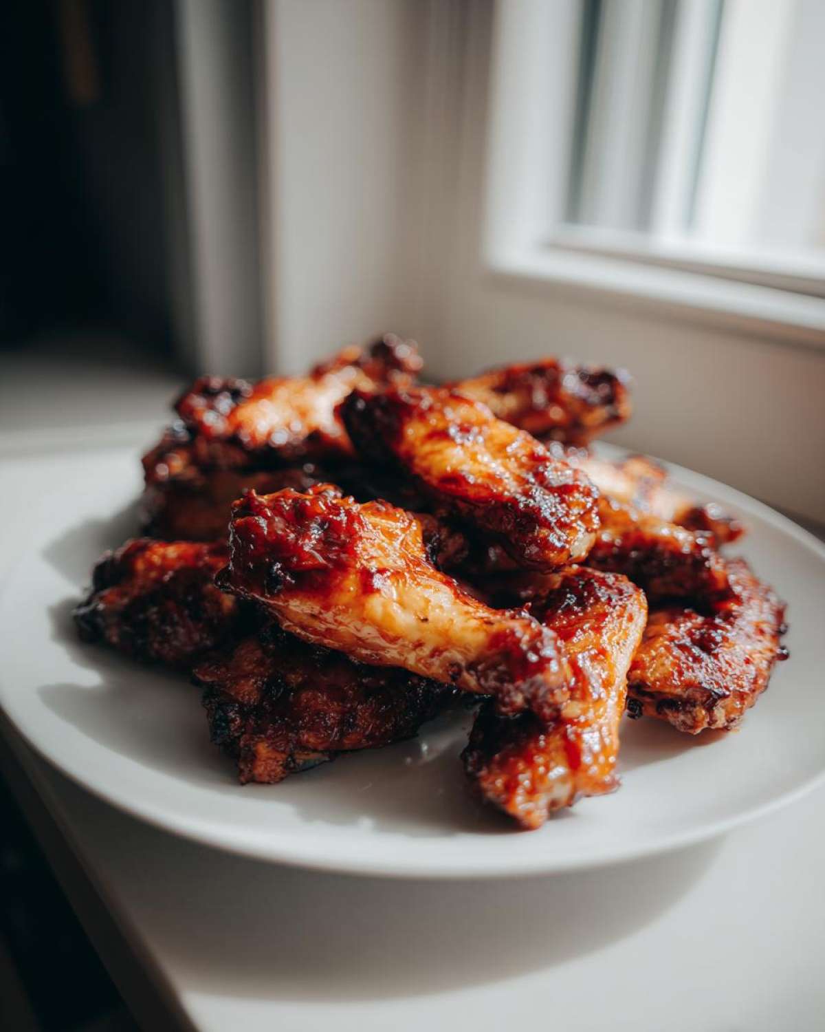 A close-up of a pile of sticky, glazed BBQ Chicken Wings served on a white plate near a bright window.