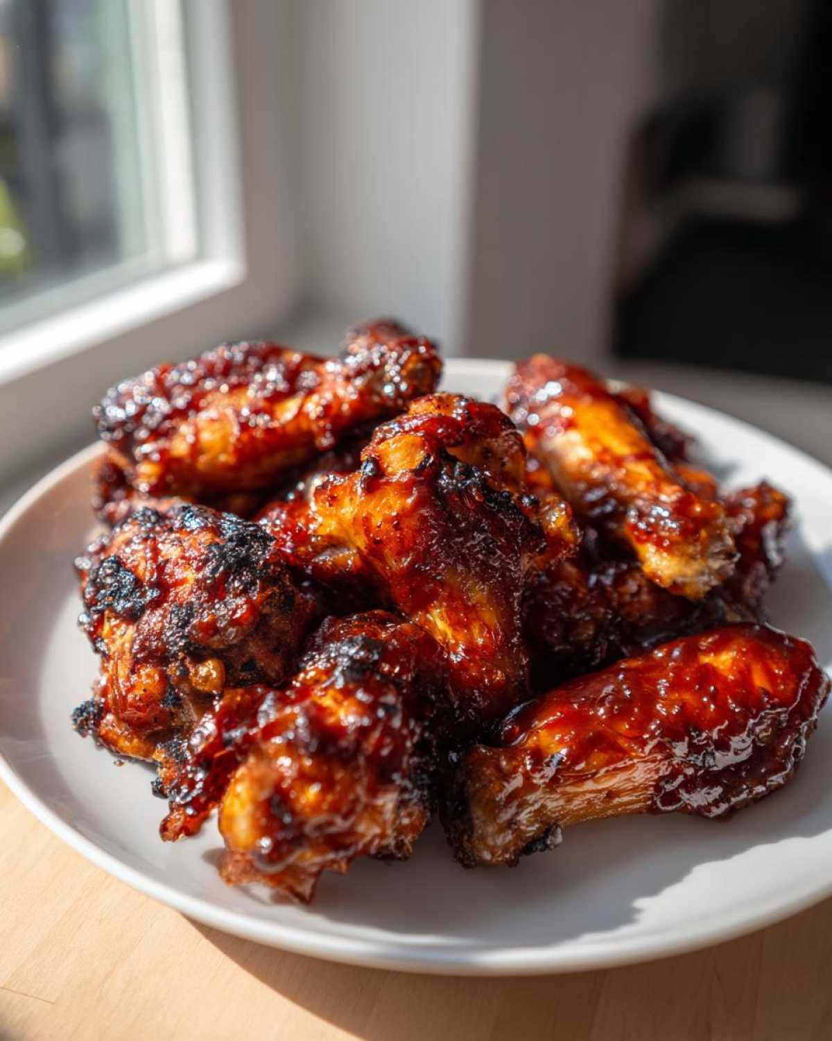 A plate piled high with sticky, caramelized BBQ Chicken Wings glistening under natural light.