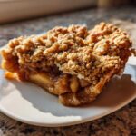 A close-up slice of homemade Apple Crisp with a thick, crumbly topping and gooey apple filling.