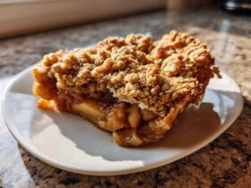 A close-up slice of homemade Apple Crisp with a thick, crumbly topping and gooey apple filling.