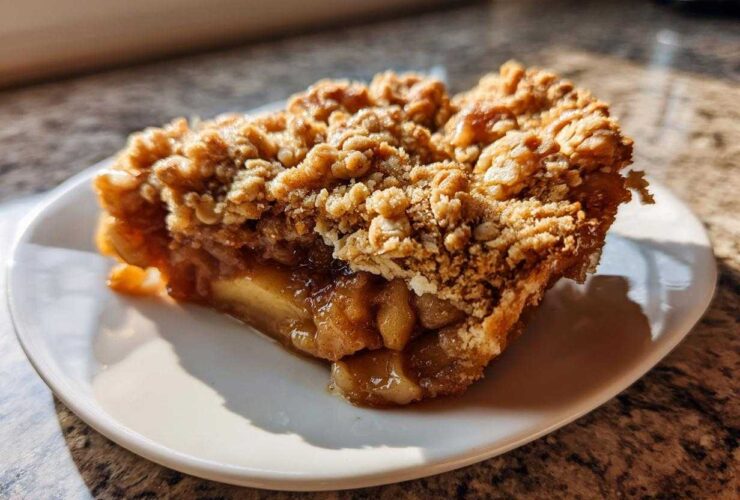 A close-up slice of homemade Apple Crisp with a thick, crumbly topping and gooey apple filling.