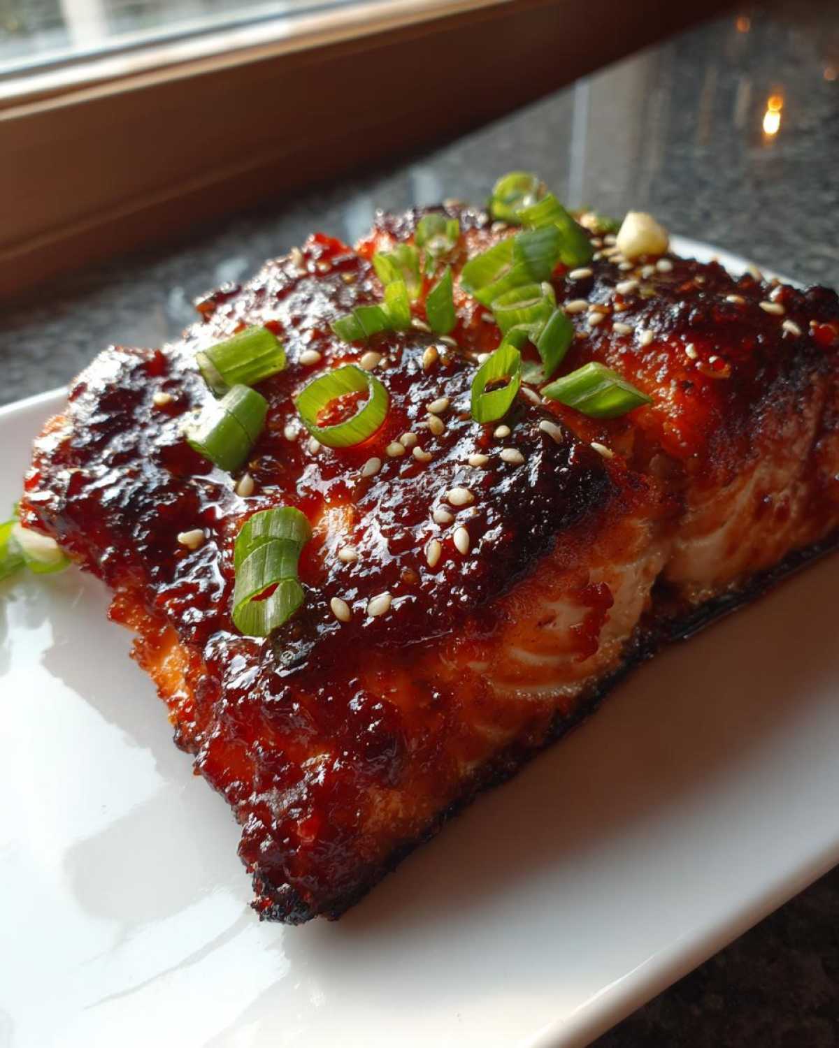 A close-up of a perfectly cooked Gochujang Honey Glazed Salmon fillet topped with sesame seeds and sliced green onions.