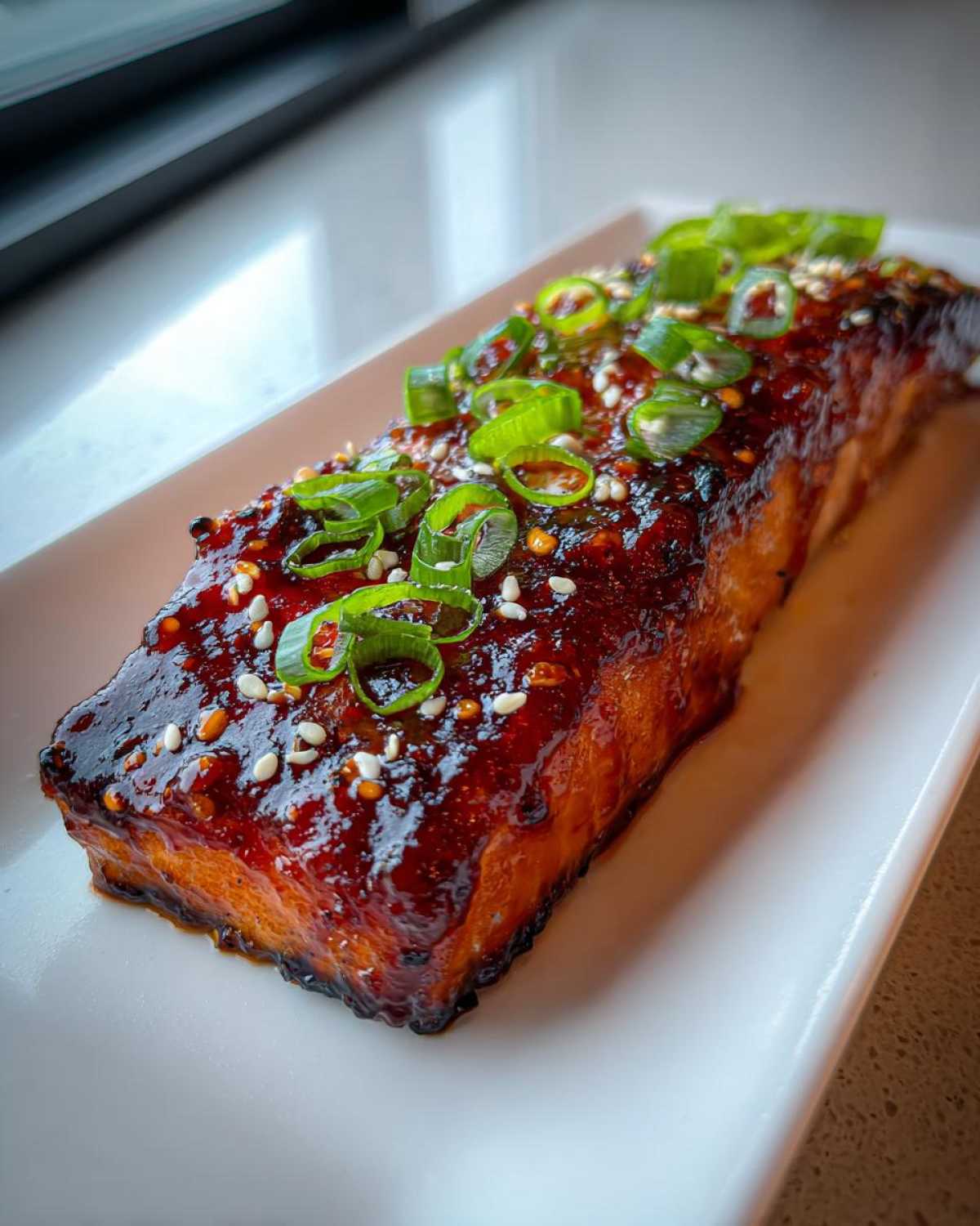 A perfectly cooked fillet of Gochujang Honey Glazed Salmon, topped with sesame seeds and sliced green onions.