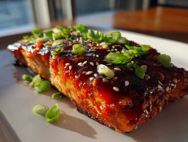 A close-up of a perfectly cooked Gochujang Honey Glazed Salmon fillet topped with sesame seeds and fresh green onions.