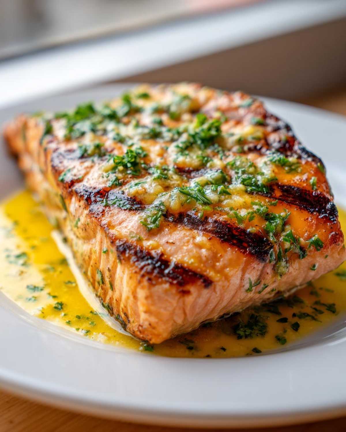 A thick, perfectly grilled salmon fillet topped with lemon butter sauce and fresh parsley.