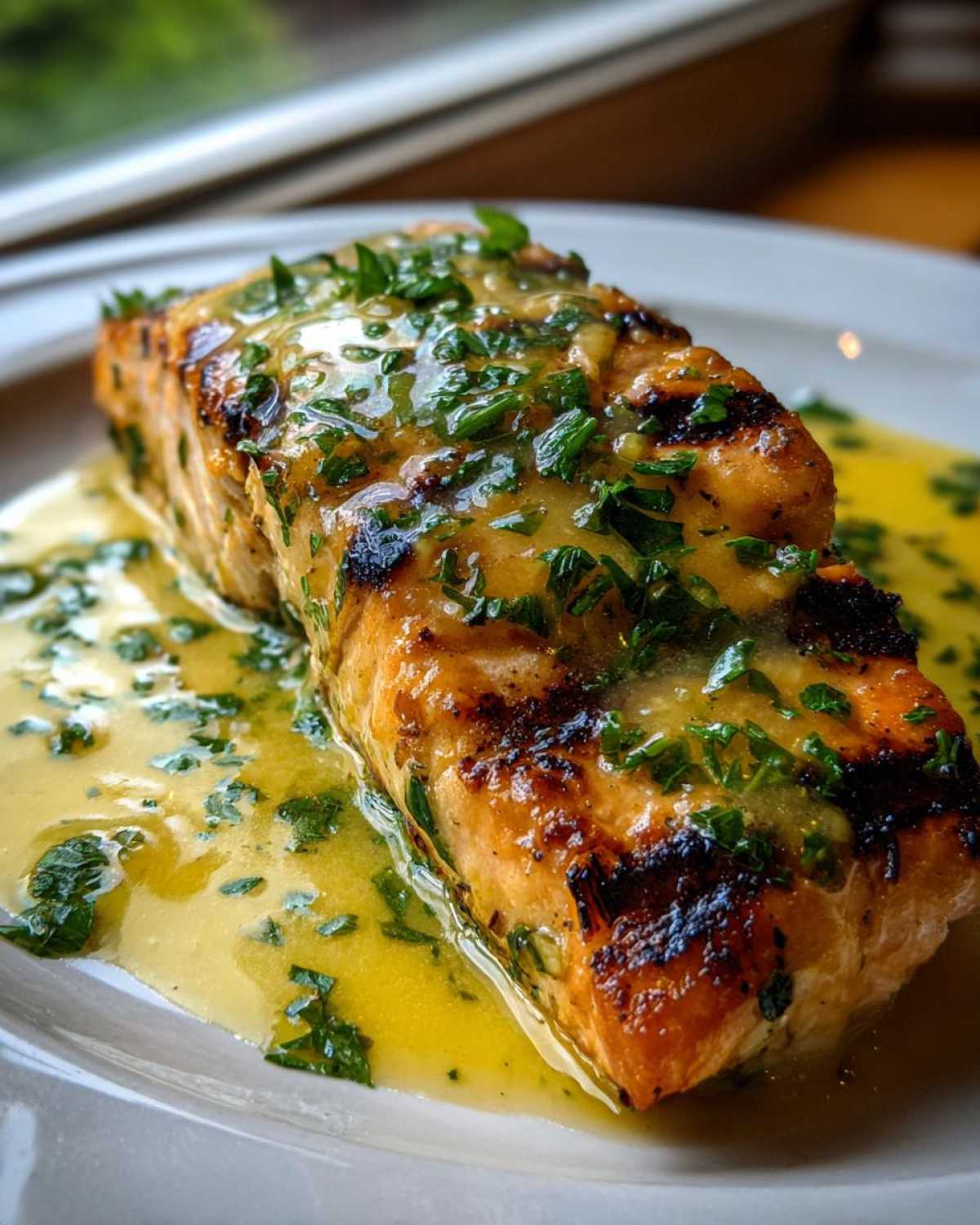 Close-up of a perfectly grilled salmon fillet generously topped with bright lemon butter sauce and fresh parsley.