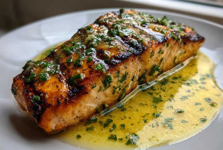 Close-up of a perfectly cooked piece of Grilled Salmon with Lemon Butter Sauce, glistening with herbs.