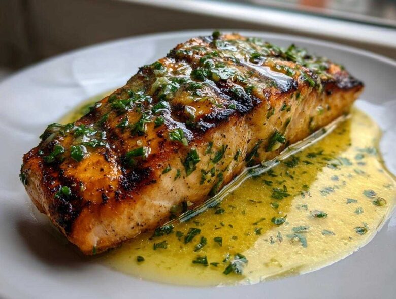 Close-up of a perfectly cooked piece of Grilled Salmon with Lemon Butter Sauce, glistening with herbs.