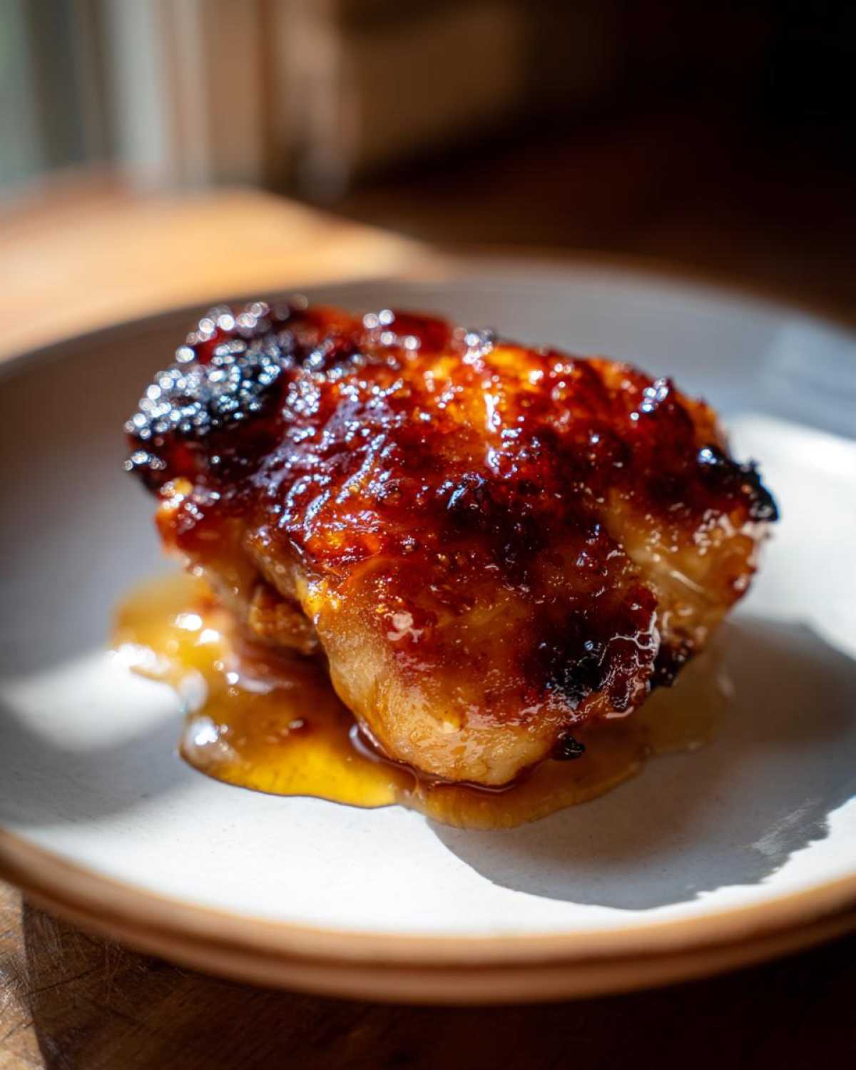 A close-up of a single, perfectly glazed Honey Garlic Boneless Chicken Thighs piece with a caramelized, sticky sauce.