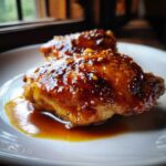 Close-up of two Honey Garlic Boneless Chicken Thighs covered in a thick, glossy, amber glaze on a white plate.