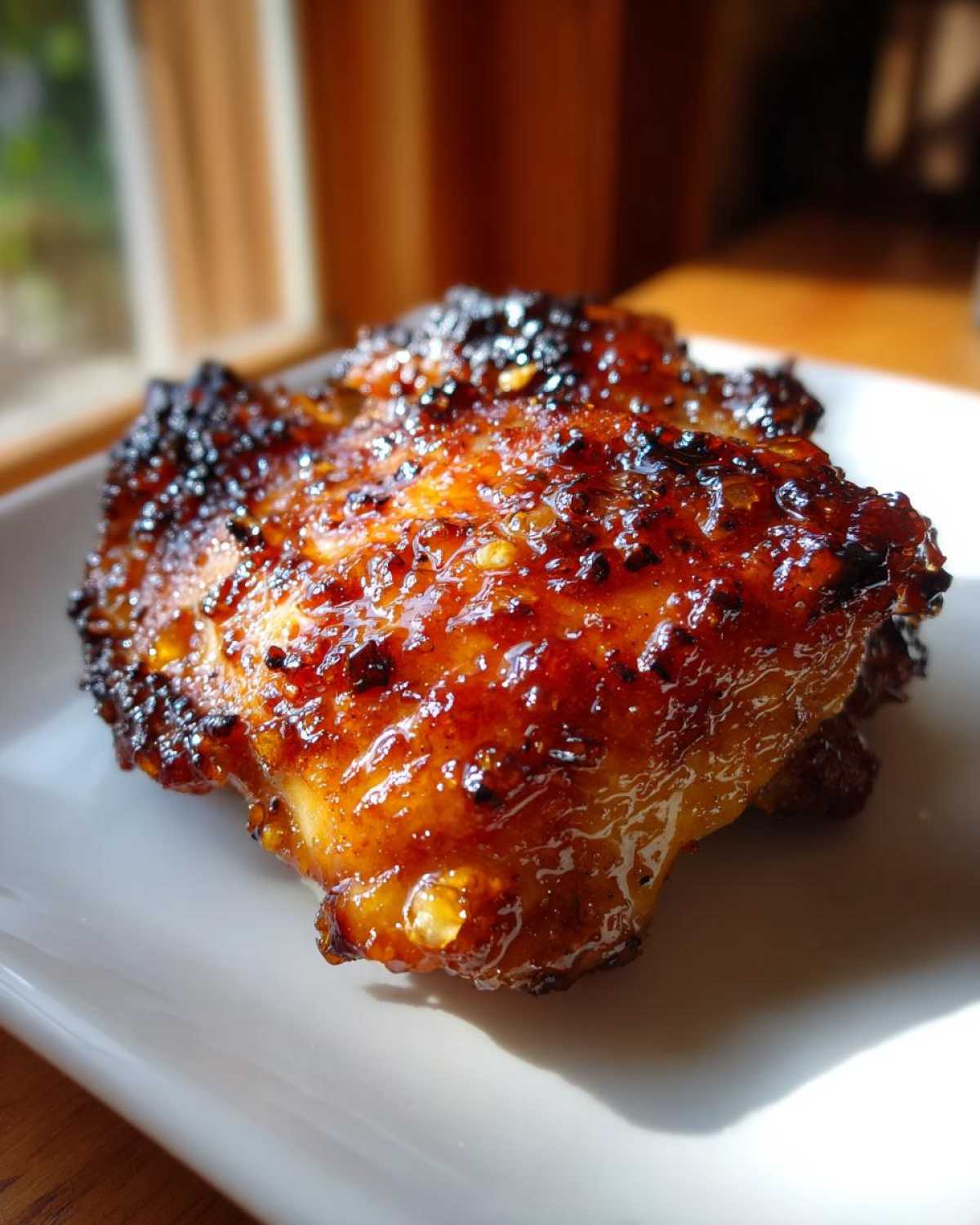 Close-up of a perfectly caramelized Honey Garlic Boneless Chicken Thighs piece on a white plate.