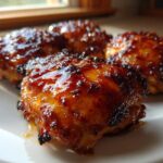 Close-up of four glistening Honey Garlic Boneless Chicken Thighs coated in a thick, caramelized glaze on a white plate.
