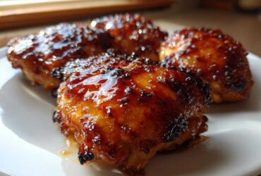 Close-up of four glistening Honey Garlic Boneless Chicken Thighs coated in a thick, caramelized glaze on a white plate.
