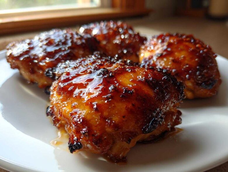 Close-up of four glistening Honey Garlic Boneless Chicken Thighs coated in a thick, caramelized glaze on a white plate.